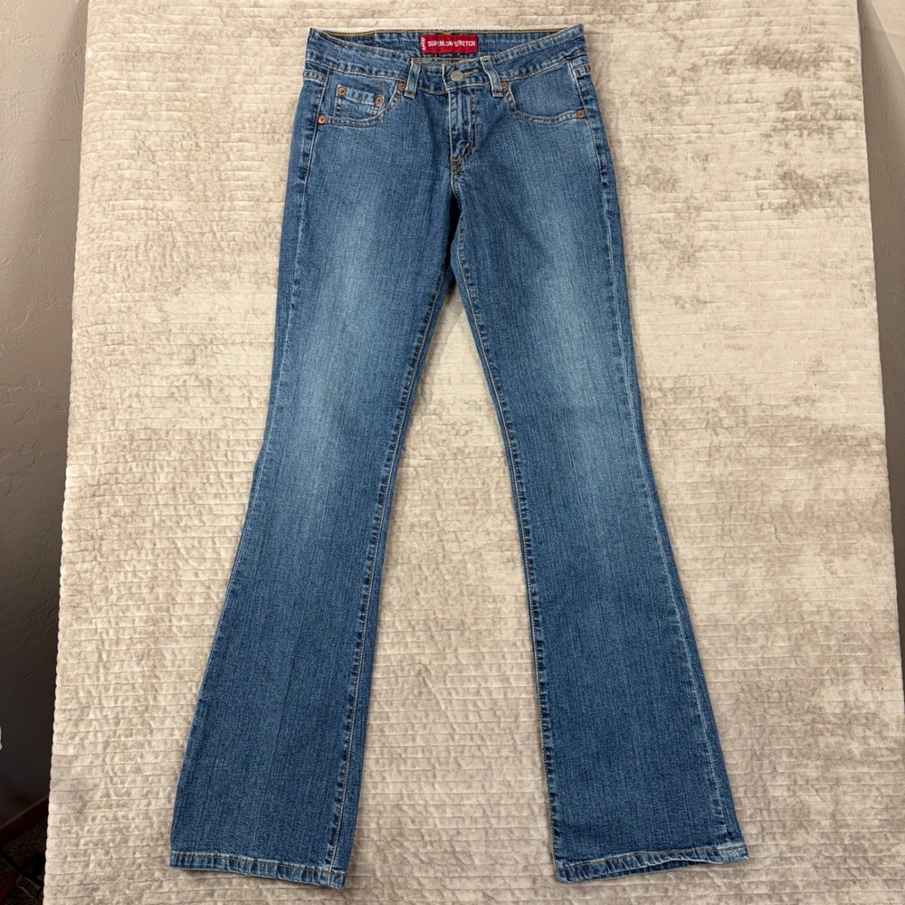 Vintage Levis 518 Superlow Boot Cut Jeans Blue Medium Wash Stretch Size 1 JR Y2K